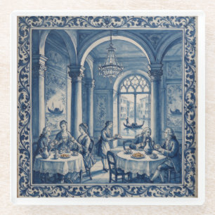 Antique Style Blue + White Venice Coffee House Glass Coaster