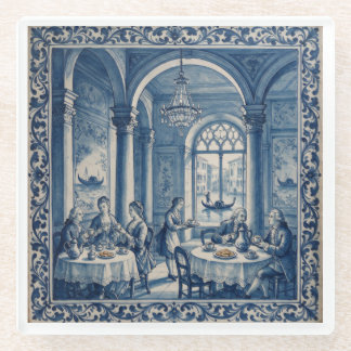 Antique Style Blue + White Venice Coffee House Glass Coaster