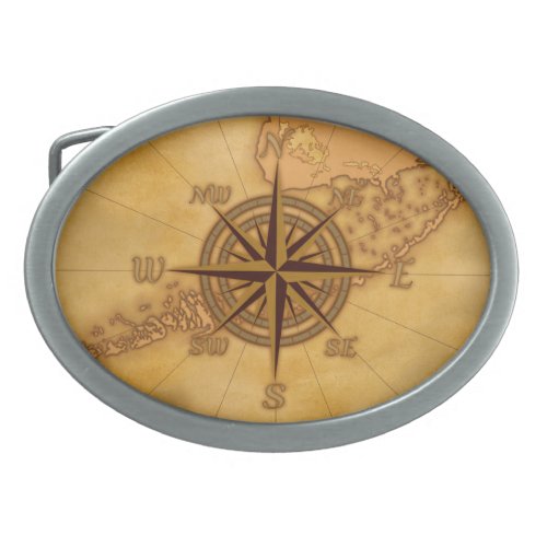 Antique Style Compass Rose Oval Belt Buckle