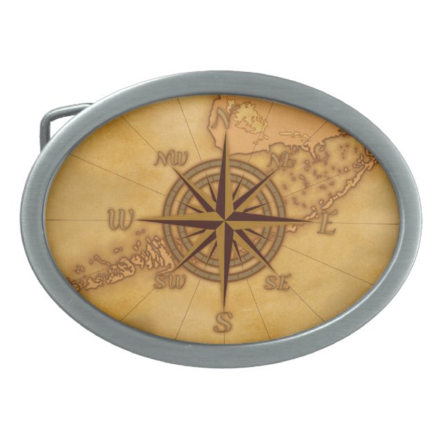 Antique Style Compass Rose Oval Belt Buckle (Front)