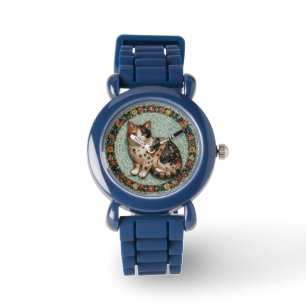 Antique Style Fine Calico Cat Floral Mosaic Watch