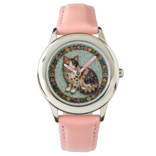 Antique Style Fine Calico Cat Floral Mosaic Watch
