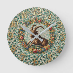 Antique Style Floral Mosaic Zodiac Capricorn Round Clock