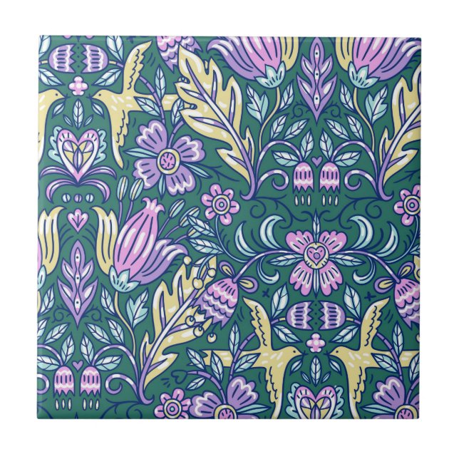Antique Style Flowers and Birds Pattern Ceramic Tile (Front)