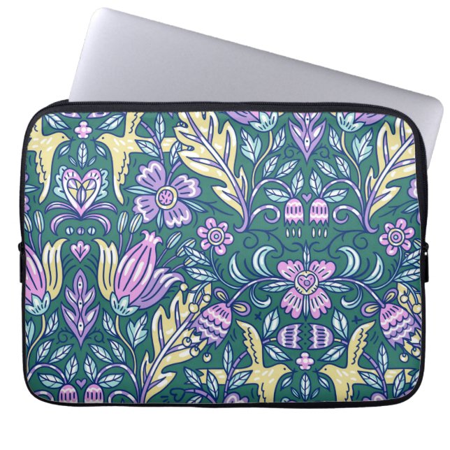 Antique Style Flowers and Birds Pattern Laptop Sleeve (Front)