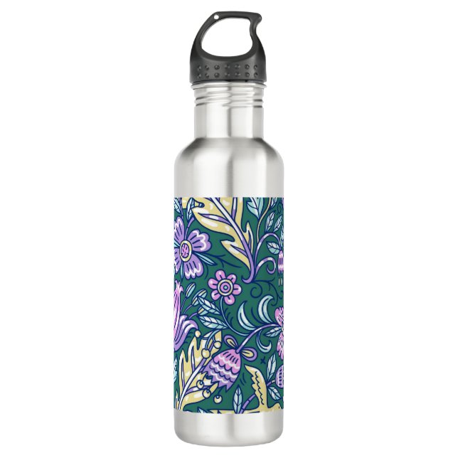 Antique Style Flowers and Birds Pattern Stainless Steel Water Bottle (Front)