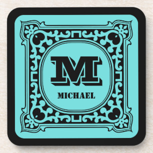Antique Style Green Monogram Intricate Victorian Beverage Coaster