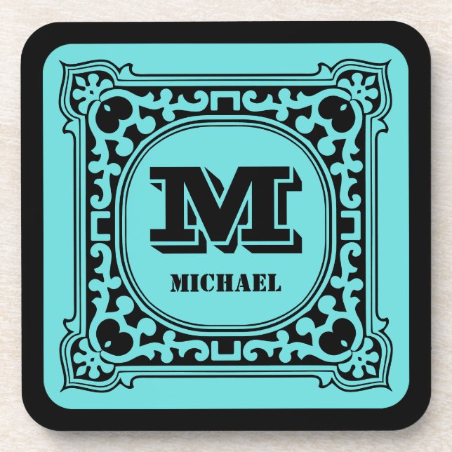 Antique Style Green Monogram Intricate Victorian Beverage Coaster (Front)