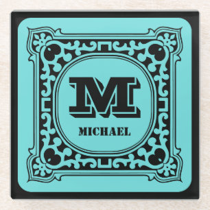 Antique Style Green Monogram Intricate Victorian Glass Coaster