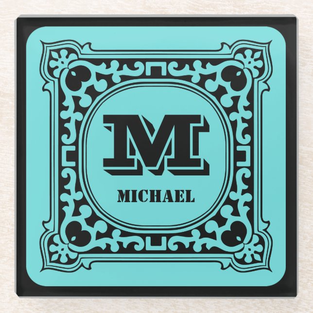 Antique Style Green Monogram Intricate Victorian Glass Coaster (Front)