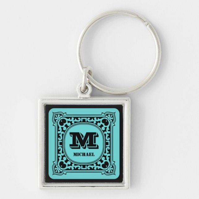 Antique Style Green Monogram Intricate Victorian Keychain (Front)