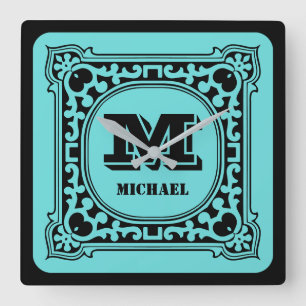 Antique Style Green Monogram Intricate Victorian Square Wall Clock