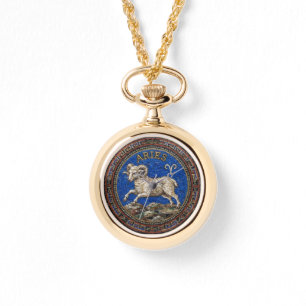 Antique Style Mosaic Zodiac Aries Necklace Watch