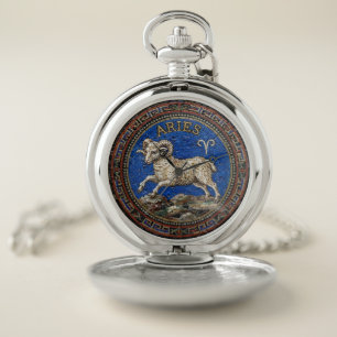 Antique Style Mosaic Zodiac Aries Pocket Watch