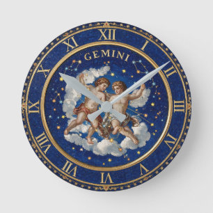 Antique Style Mosaic Zodiac Gemini Round Clock