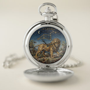 Antique Style Mosaic Zodiac Leo Pocket Watch