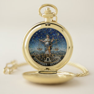 Antique Style Mosaic Zodiac Libra Pocket Watch
