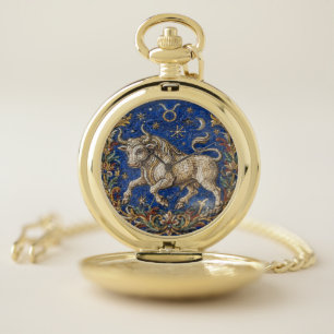 Antique Style Mosaic Zodiac Taurus Pocket Watch