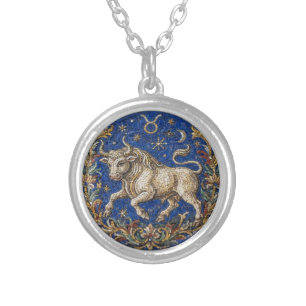 Antique Style Mosaic Zodiac Taurus Silver Plated Necklace