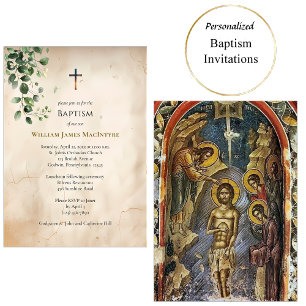 Antique Style Parchment Greenery Baptism Invitation