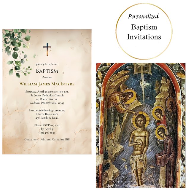Antique Style Parchment Greenery Baptism Invitation (Creator Uploaded)
