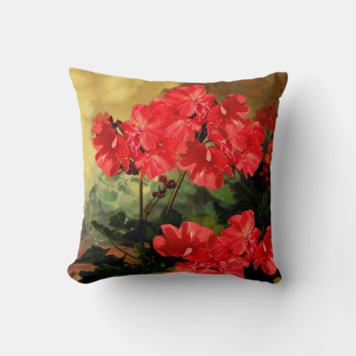 Antique Style Red Geranium Flowers Pillow