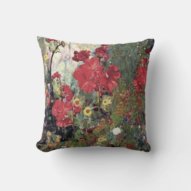 Antique Style Red Geranium Garden Flowers Throw Pillow (Front)