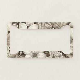 Antique-Style Sepia Floral with Fine Linework License Plate Frame