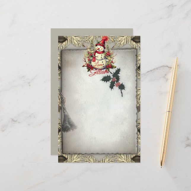 Antique Style Snowman Christmas Border  Stationery (Front/Back In Situ)