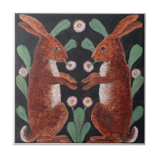 Antique Style Woodland Hare Spring Flower Decor Ceramic Tile (Front)