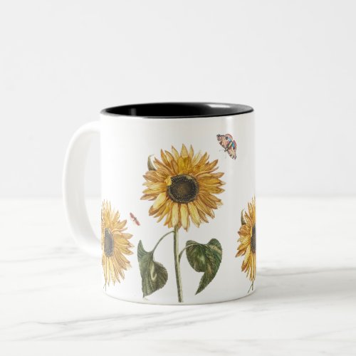 Antique Sunflower Caterpillar Butterfly Drawing Two_Tone Coffee Mug