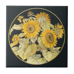 Antique Sunflower Ceramic Art Round Gold Border Tile
