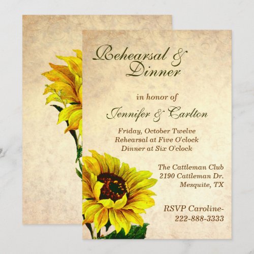 Antique Sunflowers Wedding Rehearsal Invitation