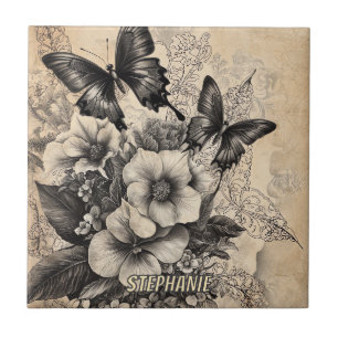 Antique Swallowtail Butterfly Botanical Ceramic Tile