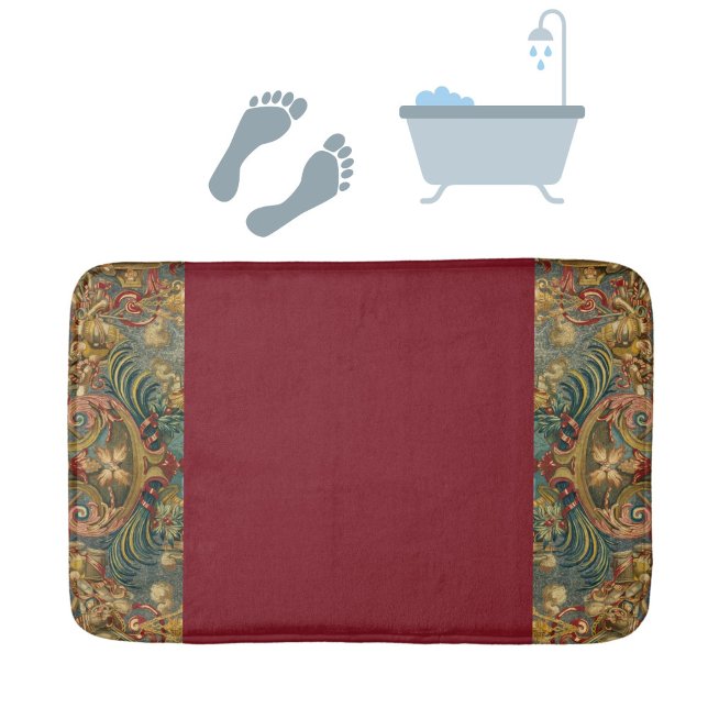 Antique Tapestry Jewel Tones Burgundy Wine Bath Mat (An elegant burgundy wine bathmat with vintage French tapestry details.)