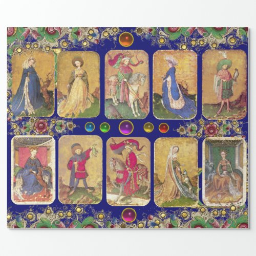 Antique TarotsGerman Court CardsGold Blue Floral Wrapping Paper