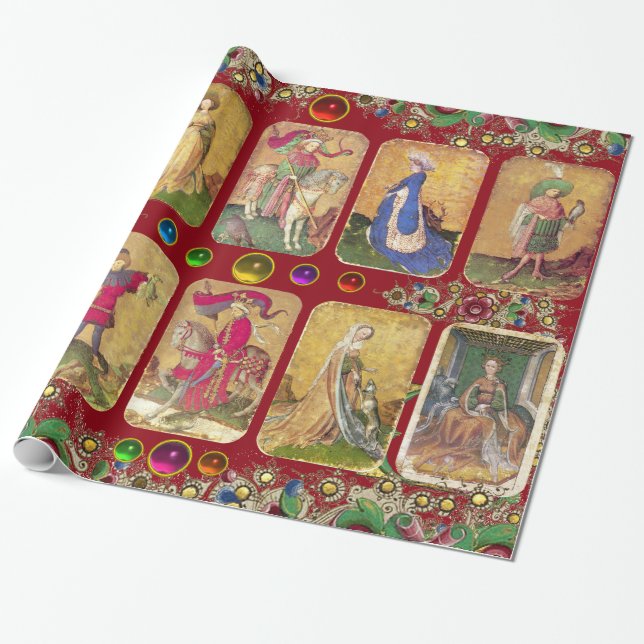 Antique Tarots,German Court Cards,Gold Red Floral Wrapping Paper (Unrolled)