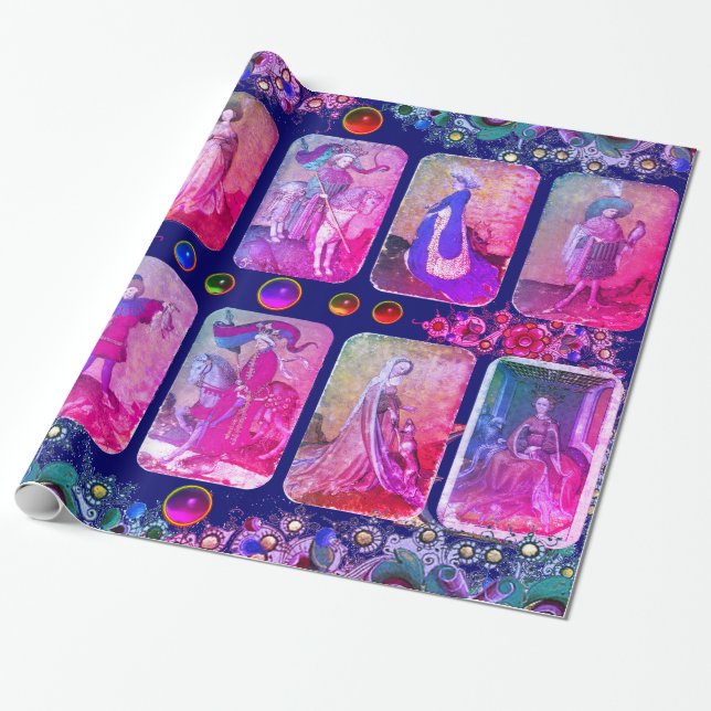 Antique Tarots,German Court Cards,Pink Blue Floral Wrapping Paper (Unrolled)