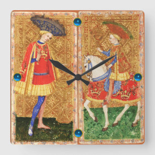 ANTIQUE TAROTS/ PAGE AND KNIGHT OF CUPS SQUARE WALL CLOCK