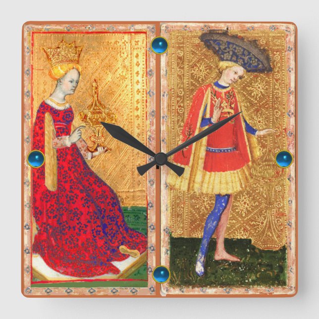 ANTIQUE TAROTS/PAGE AND QUEEN OF CUPS SQUARE WALL CLOCK (Front)