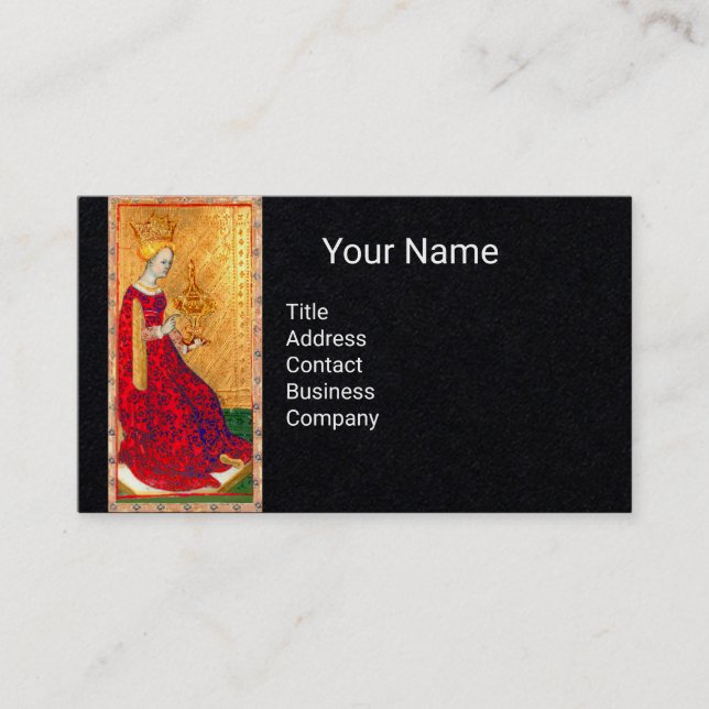 ANTIQUE TAROTS QUEEN OF CUPS Black Paper Business Card (Front)