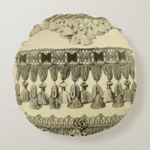 Antique tassel lace tribal pattern cream black round pillow