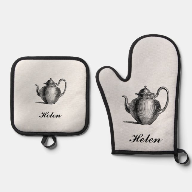Antique Tea Pot With Name Oven Mitt & Pot Holder Set (Front)