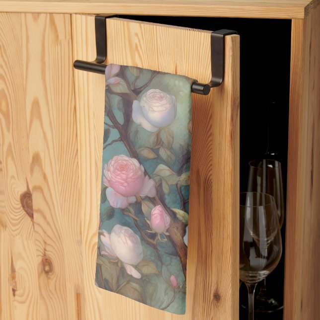 Antique tea roses on teal pattern kitchen towel (Thirds Fold)