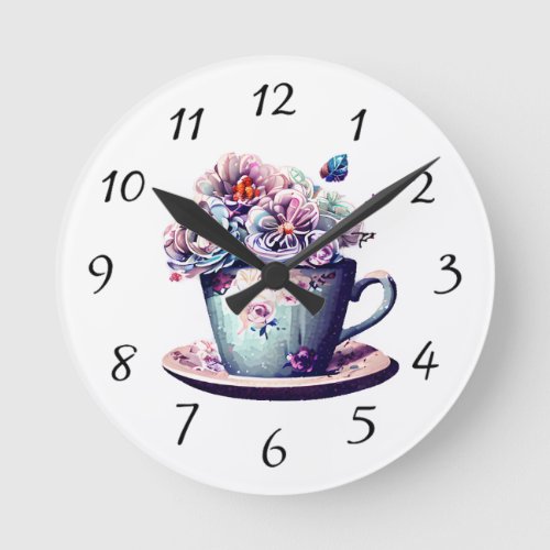 Antique Teacup with Vintage Flowers  Round Clock