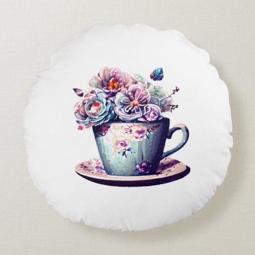 Antique Teacup with Vintage Flowers  Round Pillow