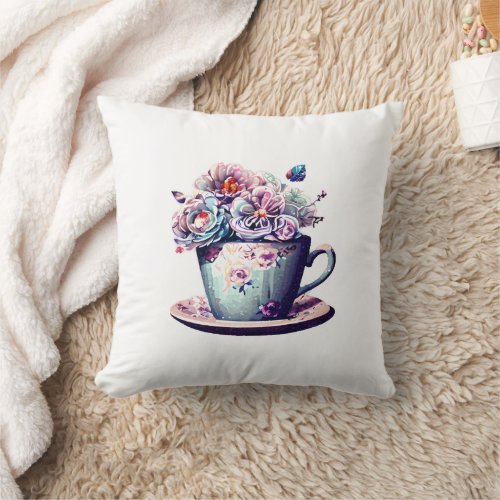 Antique Teacup with Vintage Flowers  Throw Pillow