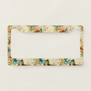 Antique Teal Orange Butterfly Floral License Plate Frame