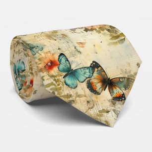 Antique Teal Orange Butterfly Floral Neck Tie