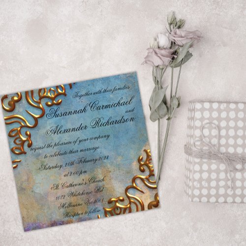 Antique Teal Watercolor and Gold Jewels Wedding Invitation